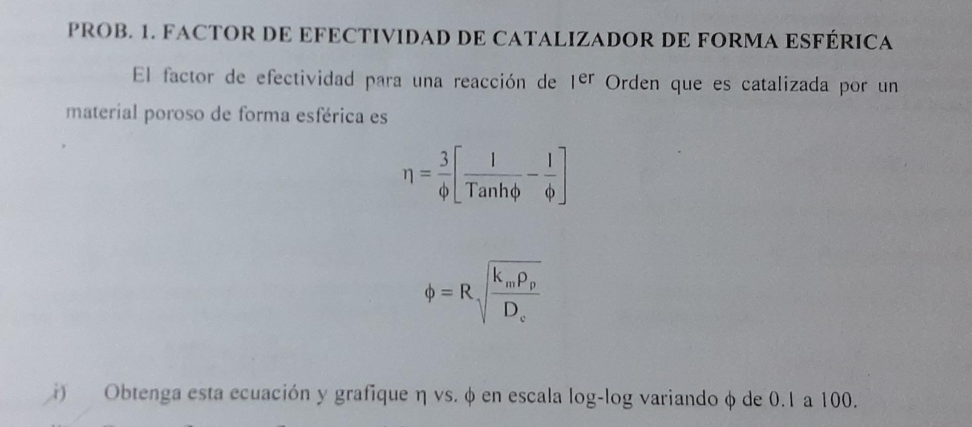 PROB. 1. FACTOR DE EFECTIVIDAD DE CATALIZADOR DE FORMA ESFÉRICA El factor de efectividad para una reacción de jer Orden que e