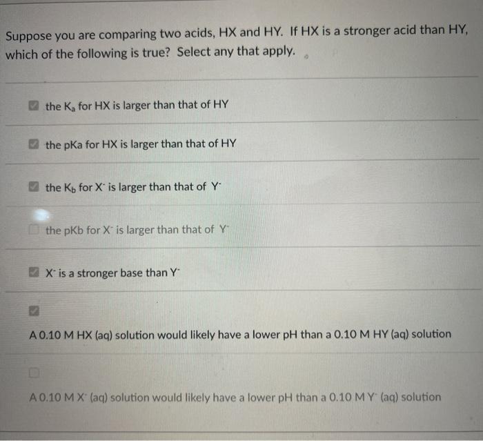 Solved Suppose You Are Comparing Two Acids Hx And Hy If Hx 3169