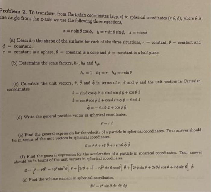 Solved Problem 2. To transform from Cartesian coordinates | Chegg.com