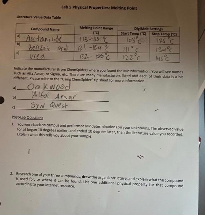 Solved Lab 5 Physical Properties: Melting Point Literature | Chegg.com