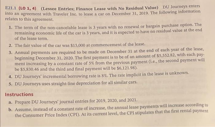 Solved E21 1 LO 1 4 Lessee Entries Finance Lease With No Chegg