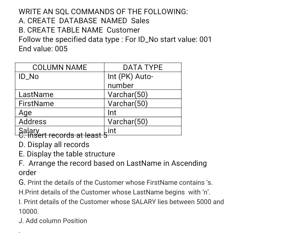 Solved WRITE AN SQL COMMANDS OF THE FOLLOWING: A. CREATE | Chegg.com