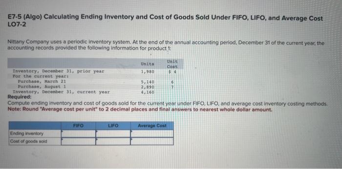 Solved E7 5 Algo Calculating Ending Inventory And Cost 8600