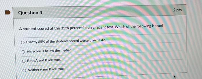 Solved Question 4 A student scored at the 35th percentile on | Chegg.com