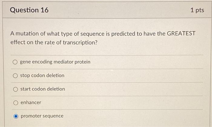 Solved Question 16 1 pts A mutation of what type of sequence | Chegg.com