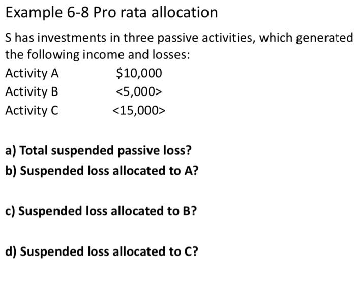 Example 68 Pro rata allocation S has investments in