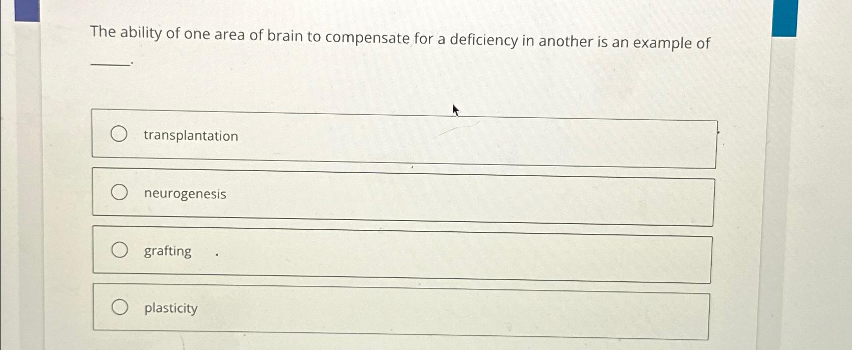 Solved The ability of one area of brain to compensate for a | Chegg.com