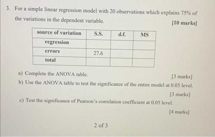 Solved For a simple linear regression model with 20 | Chegg.com