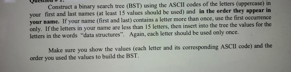Solved Construct a binary search tree (BST) using the ASCII | Chegg.com