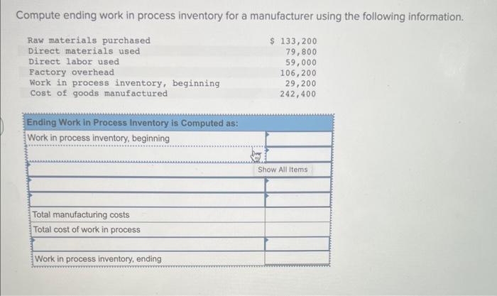 Solved Compute ending work in process inventory for a | Chegg.com