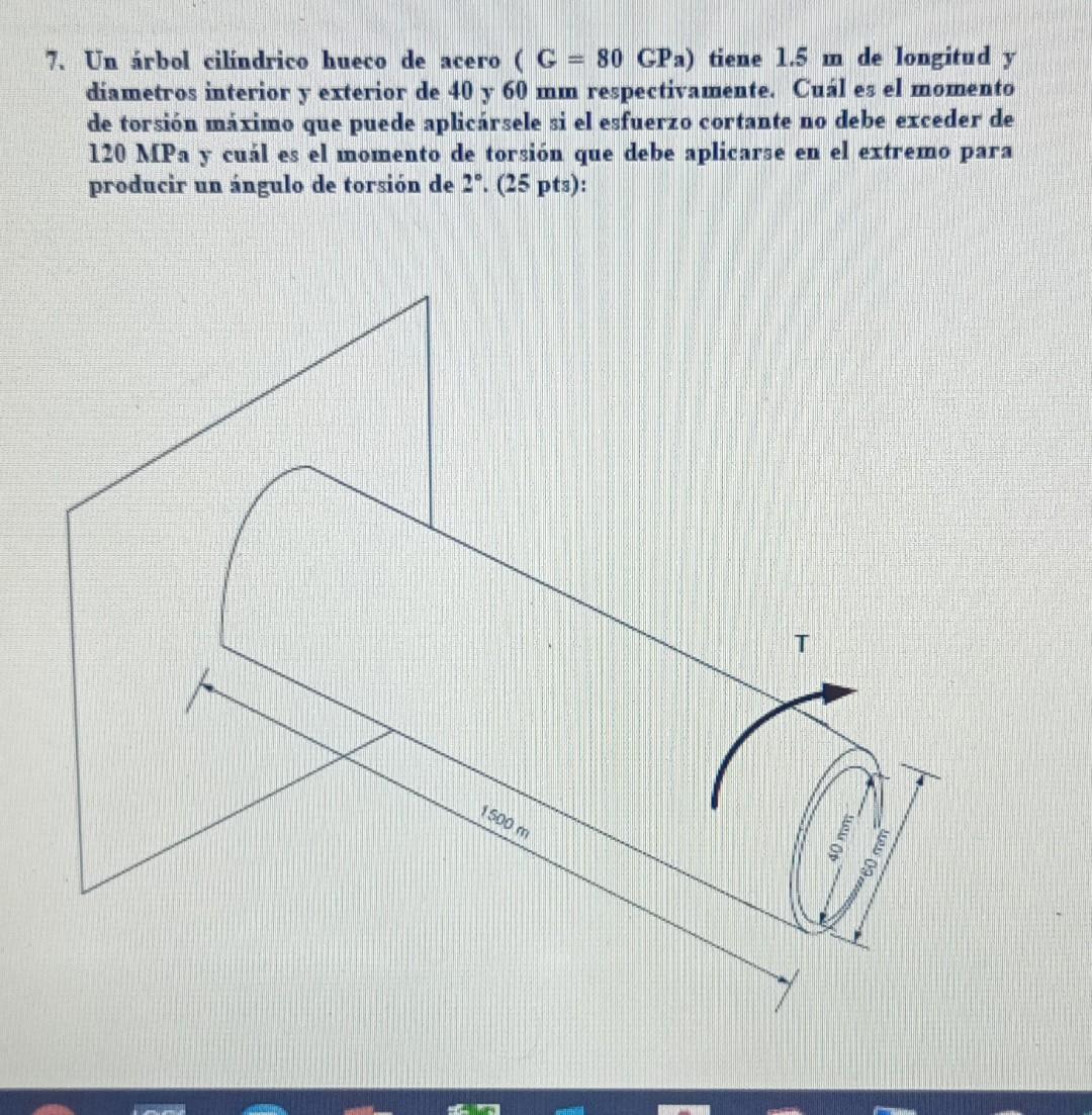 7. Un árbol cilindrico hueco de acero ( \( \mathrm{G}=80 \mathrm{GPa} \) ) tiene \( 1.5 \mathrm{~m} \) de longitud \( \mathrm