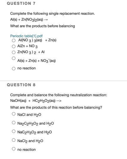 Solved Question 7 Complete The Following Single Replacement 