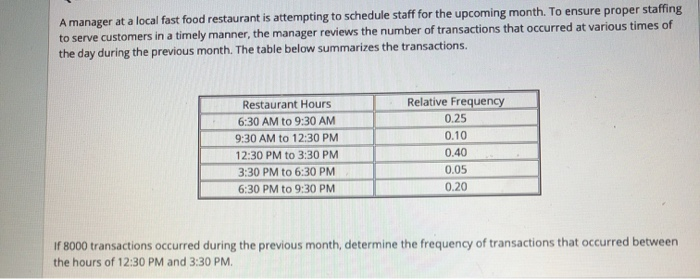 Solved A manager at a local fast food restaurant is | Chegg.com