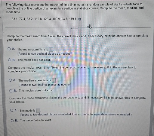 Solved The following data represent the amount of time (in | Chegg.com