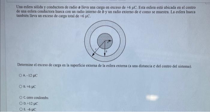 Una esfera sólida y conductora de radio a lleva una carga en exceso de \( +6 \mu \mathrm{C} \). Esta esfera está ubicada en e