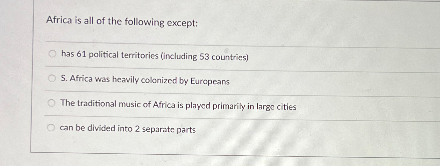 Solved Africa Is All Of The Following Except:has 61 | Chegg.com