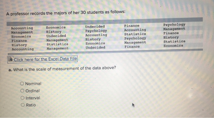 Solved A professor records the majors of her 30 students as | Chegg.com