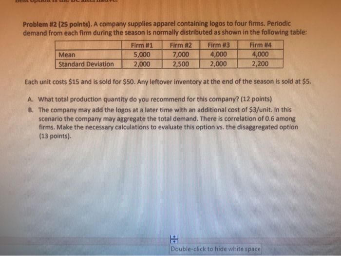 Problem #2 (25 points). A company supplies apparel containing logos to four firms. Periodic demand from each firm during the