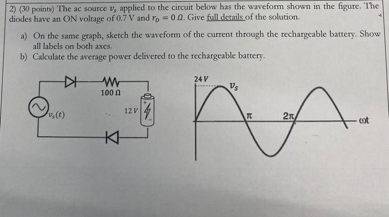 Solved 2) ( 30 points) The ac source vs applied to the