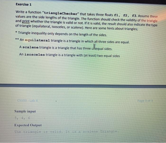 Solved Exercise 1 Write a function "triangleChecker" that | Chegg.com