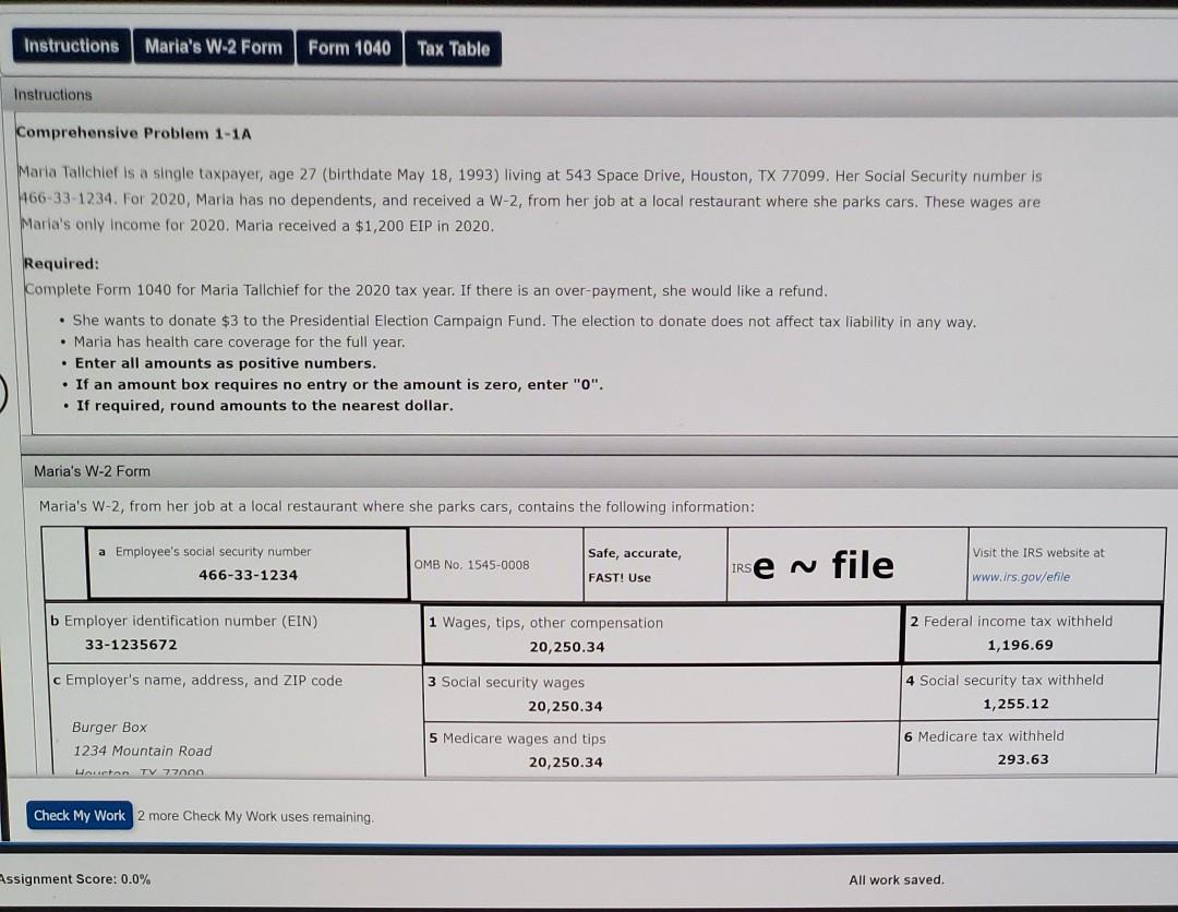 Instructions Marias W 2 Form Form 1040 Tax Table Cheggcom