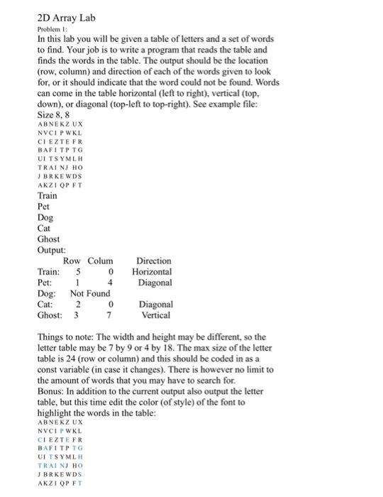 2D Array Lab Problem: In this lab you will be given a | Chegg.com