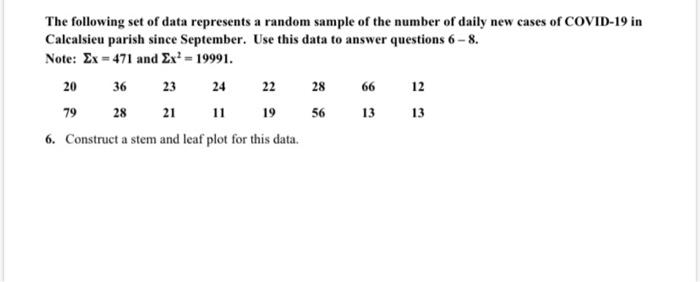 Solved The following set of data represents a random sample | Chegg.com