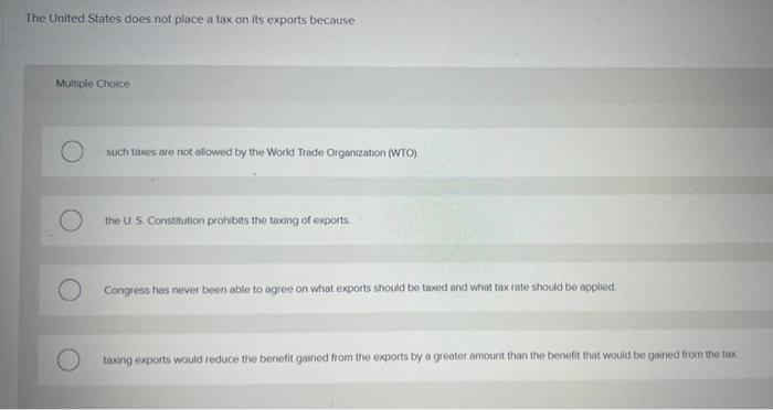 Solved The United States does not place a tax on its exports | Chegg.com