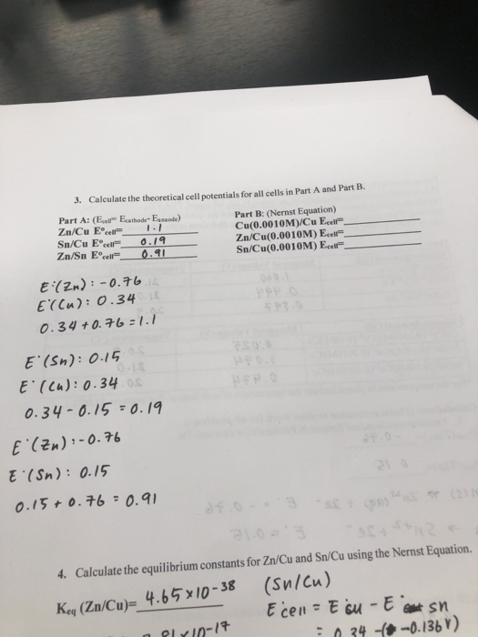 Solved 3. Calculate The Theoretical Cell Potentials For All | Chegg.com