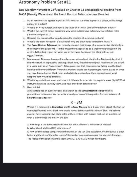 Solved Astronomy Problem Set #11 Due Monday November 23, | Chegg.com