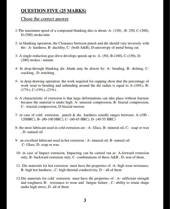Example 25 Mark Answer Solved QUESTION FIVE (25 MARKS) Chose the correct answer | Chegg.com