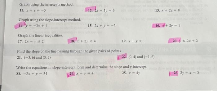 Solved Graph using the intereepts method. 11. x+y=−5 12. | Chegg.com