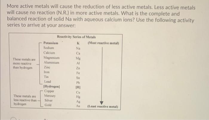 Solved More active metals will cause the reduction of less | Chegg.com