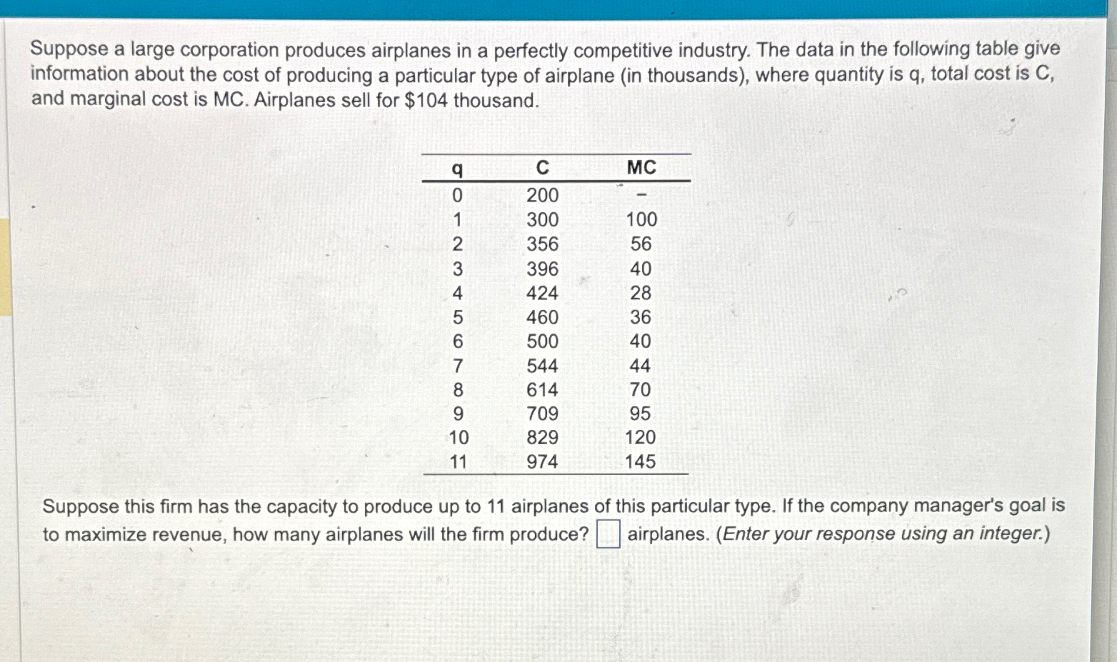 Solved Suppose A Large Corporation Produces Airplanes In A | Chegg.com