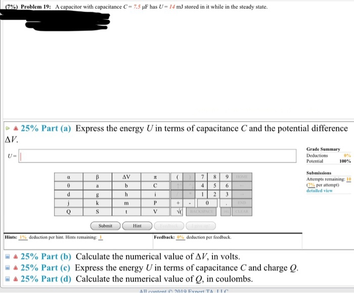 Solved (7%) Problem 19: A Capacitor With Capacitance C = 7.5 | Chegg.com