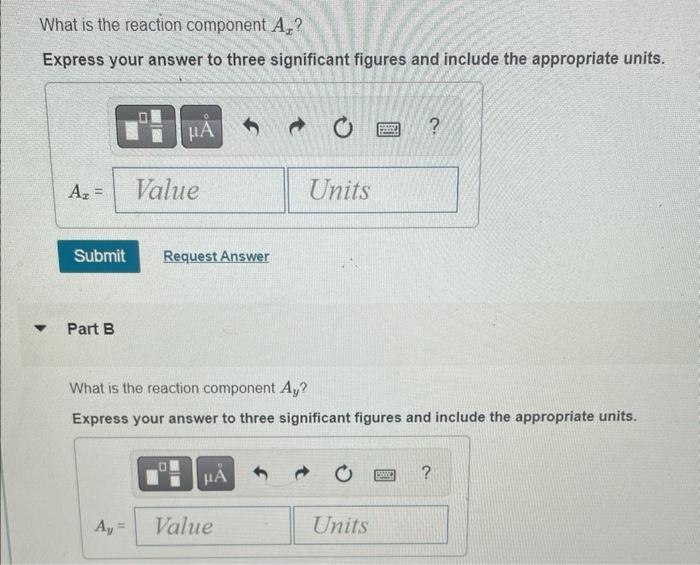 What is the reaction component \( A_{x} \) ?
Express your answer to three significant figures and include the appropriate uni