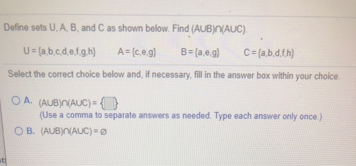 Solved Define Sets U A B And C As Shown Below Find A Chegg Com