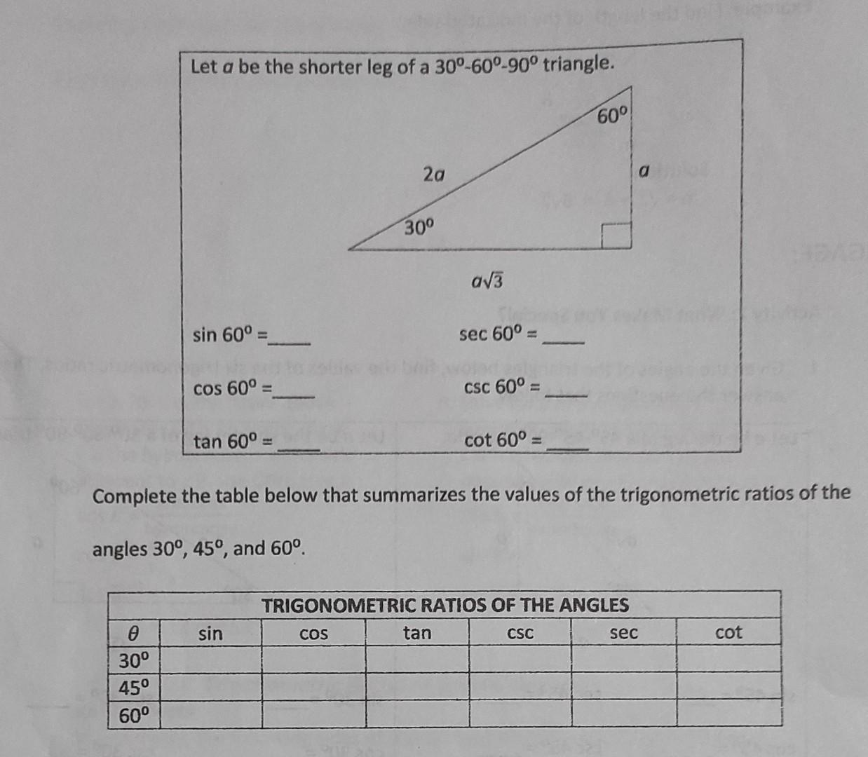 Solved Let a be the shorter leg of a 30°-60°-90° triangle.