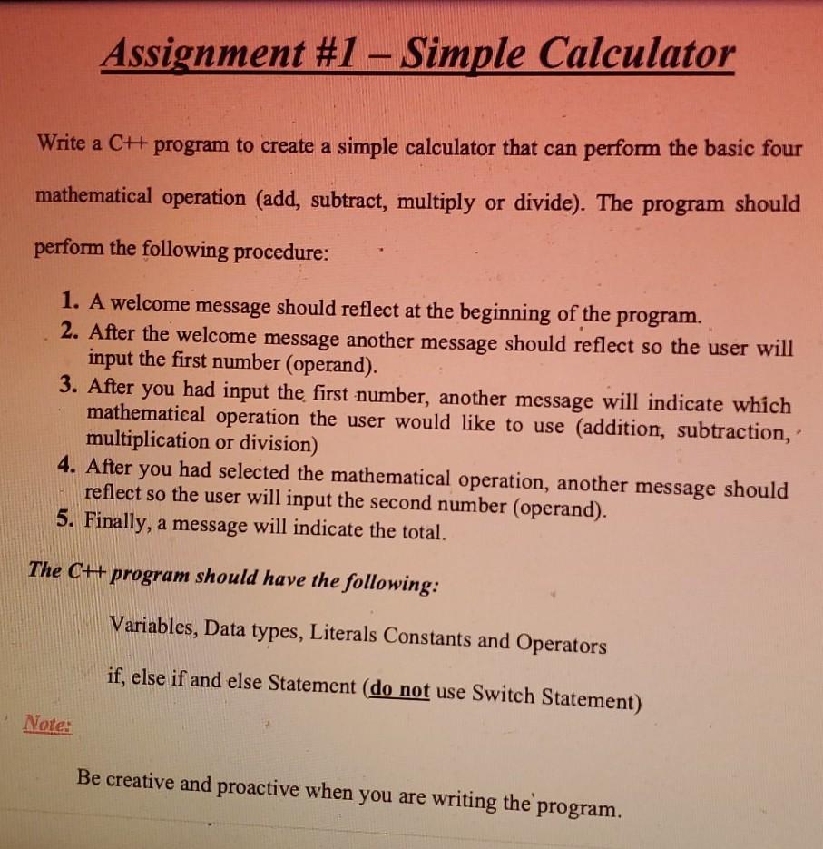 Solved Assignment #1 - Simple Calculator Write a CH program | Chegg.com