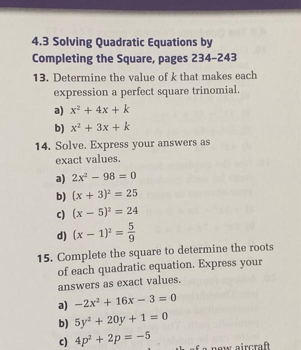 Solved 4.3 Solving Quadratic Equations By Completing The | Chegg.com