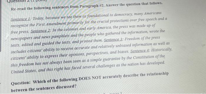 Re-read the following sentences from Paragraph #2. | Chegg.com