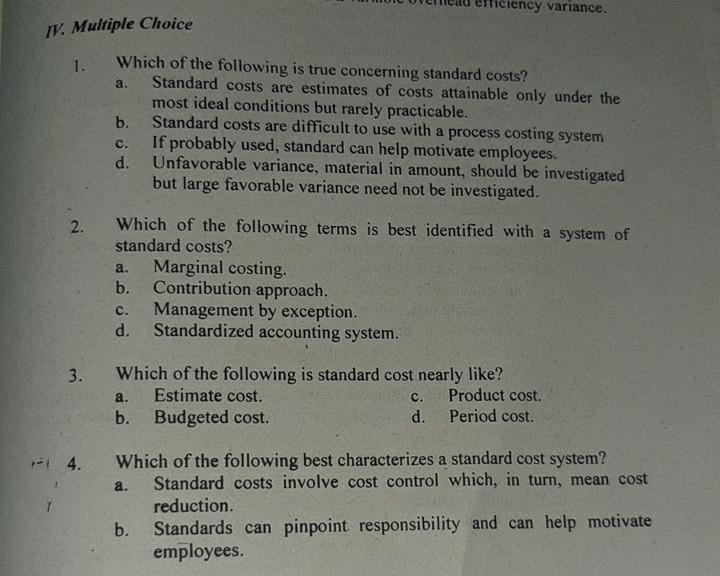 Solved iency variance. IV. Multiple Choice 1. a. Which of