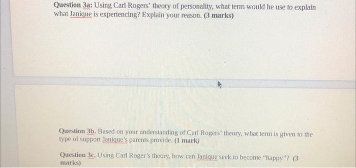 Question 3a: Using Carl Rogers theory of personality, what term would he use to explain what Janique is experiencing? Explai