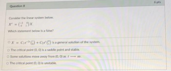 Solved 6 pts Question 8 Consider the linear system below. X' | Chegg.com