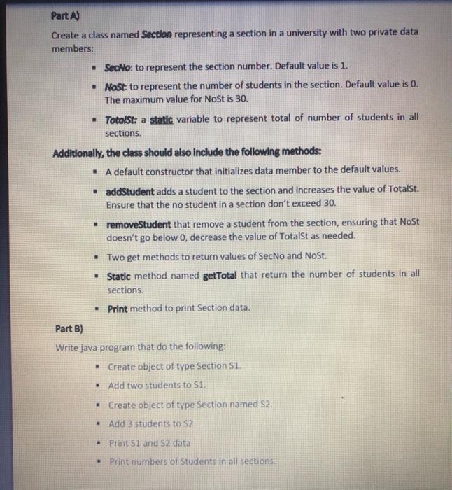 Solved Part A Create a class named Section representing a | Chegg.com