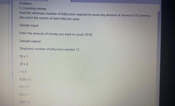 solved problem 1 counting money find the minimum number of chegg com