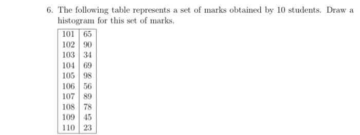 Solved 6. The following table represents a set of marks | Chegg.com