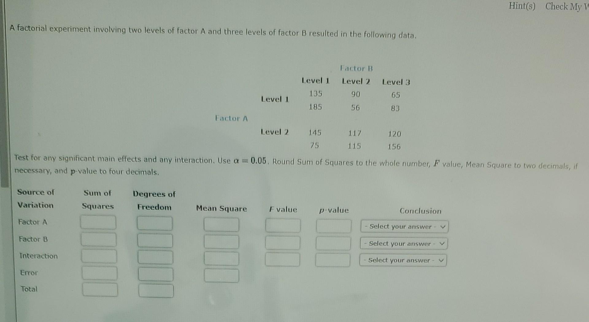 Solved A Factorial Experiment Involving Two Levels Of Factor | Chegg.com