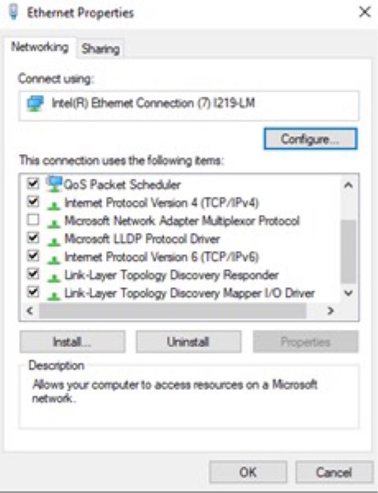 Properties Networking Sharing Connect using Intel(R) Ethemet