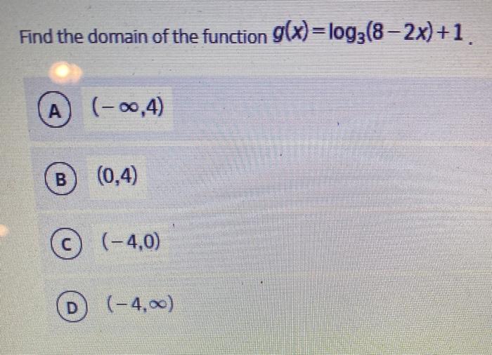 Solved Find The Domain Of The Function G(x)=log3(8-2x)+1 А | Chegg.com